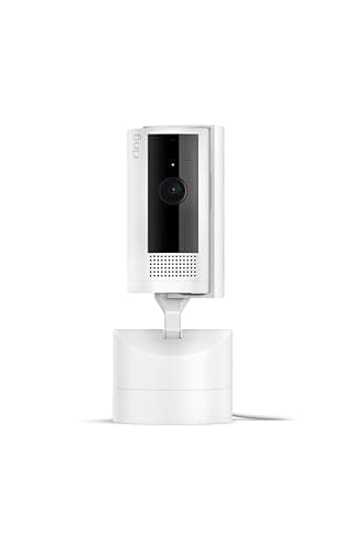 Caméra intérieure panoramique et inclinable en anneau | Voyez tout autour avec une couverture panoramique à 360°, une vidéo HD et une conversation bidirectionnelle (version 2024) | Blanc