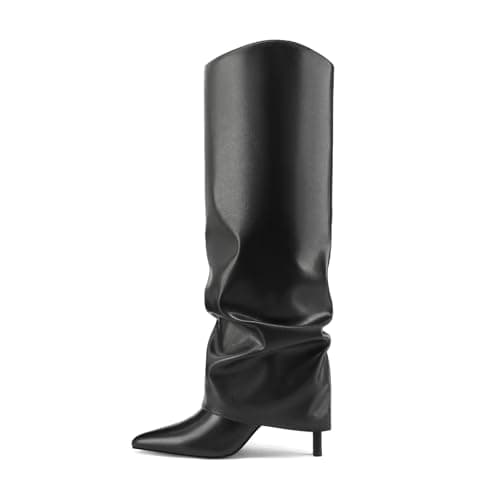 Womens Fold Over Knee High Boots Stiletto High Heel Slouchy Tall Boots Pointed Toe Sexy Long Boots Fashion Dress Shoes with Side Zipper - Black 7 US