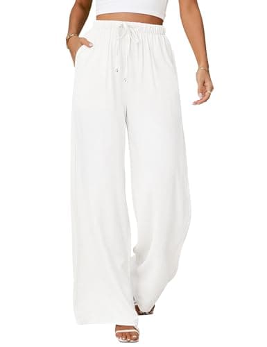 heekpek Womens Linen Pants Wide Leg Palazzo Summer Pants High Waisted Flowy Loose Casual Lounge Beach Trousers with Pockets (White,Large)