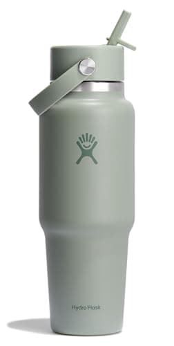 Hydro Flask 32 Oz Stainless Steel Wide Mouth Travel Water Bottle with Leakproof Flex Straw Cap, Agave