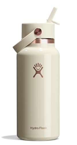 Hydro Flask Bouteille d'eau à large goulot en acier inoxydable de 32 oz avec bouchon de paille flexible anti-fuite, lin or rose