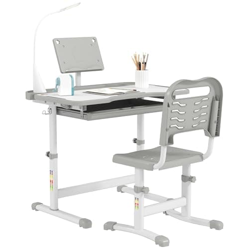 Qaba Ensemble de bureau et de chaises pour enfants Bureau d'écriture réglable en hauteur pour étudiants Table d'étude pour enfants avec bureau inclinable, lampe LED, boîte à stylos, tiroir,...