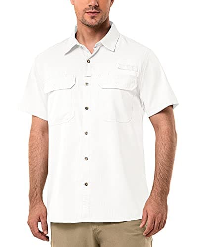 33,000ft Men's UPF 50+ UV Short Sleeve Hiking Fishing Shirt Quick Dry Cooling PFG Sun Protection Shirt for Travel Safari White
