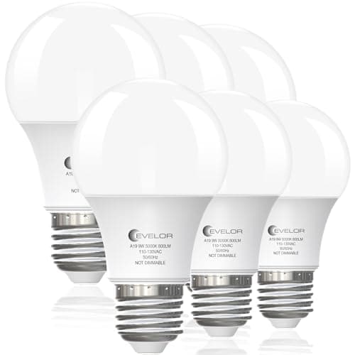 evelor 6 paquets d'ampoules LED A19, équivalent à 60 watts, lumière du jour 5000K avec culot E26, efficace 9W, ampoules LED non dimmables de 800 lumens, 15 000 heures,...