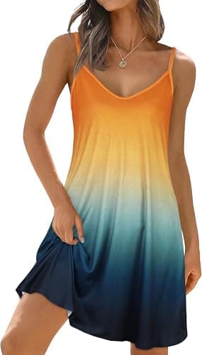 ADOREJOY Summer Dresses for Women Tank Spaghetti Strap V Neck Sleeveless Sundresses Casual Beach Cover Up Dress with Pockets(Summer Beach,L)