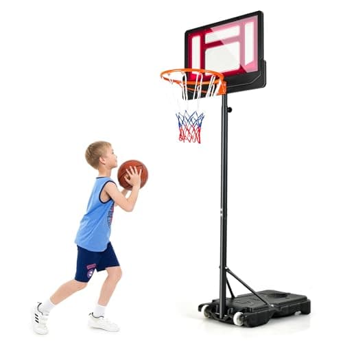 GYMAX Basketball Hoop, Adjustable Height 4.3-8.2FT Basketball System with Shatterproof Backboard, All Weather Frame, Wheels, Portable Basketball...