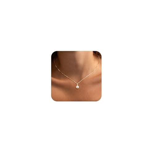 DIFOMI Dainty Pearl Necklaces for Women, 14K Gold Plated Pearl Necklace Single Freshwater Pearl Pendant Box Chain Necklace Everyday Jewelry Gift...