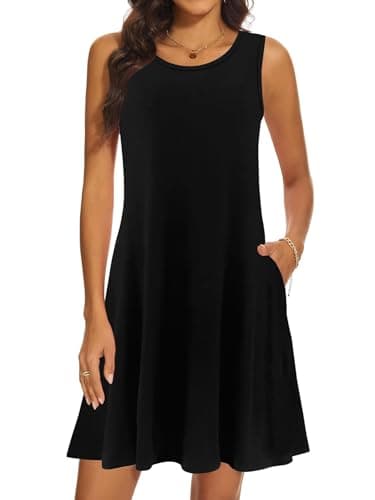 WHIFAN Femmes Robes D'été Décontracté Sans Manches Plage Robe De Grande Taille Printemps Vacances Robes De Soleil avec Poches Noir