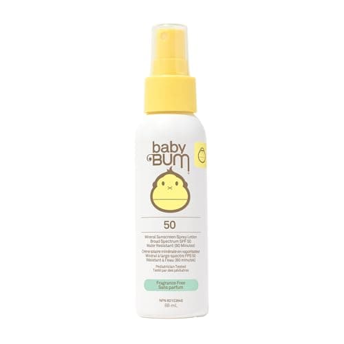 Sun Bum Baby Bum Spray solaire SPF 50 – Protection minérale UVA/UVB visage et corps pour peaux sensibles – Sans parfum – Format voyage – 89 ml