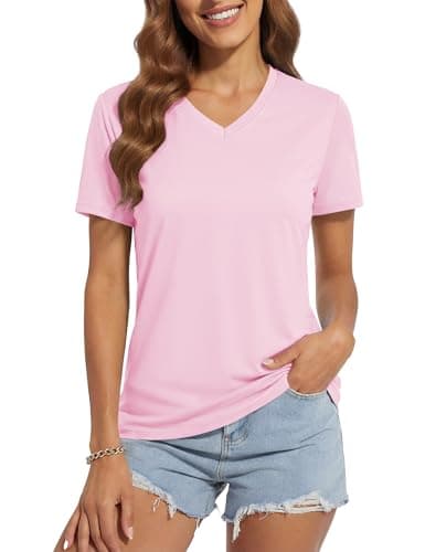 MAGCOMSEN Workout Tops Women Short Sleeve V Neck Tee Shirt UPF 50+ Sun Protection Shirts Athletic Running Hiking Activewear Summer Tops Light Pink,XXL