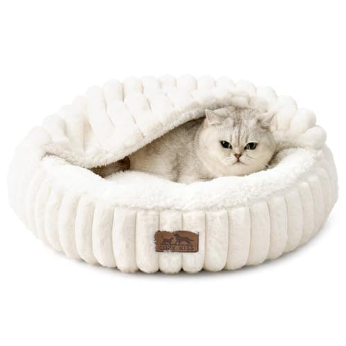 Cat Bed with Hooded Blanket, Round Fluffy Anti-Anxiety Pet Bed for Cats/Toy Breed Dogs, Cozy Donut Cuddler with Machine Washable Faux Fur &...