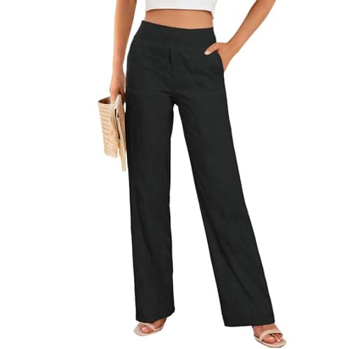 Pantalon en lin pour femme Pantalon de yoga décontracté en coton et lin Palazzo Pantalon Lounge Plage Vacances Été Pantalon droit avec poches Noir M