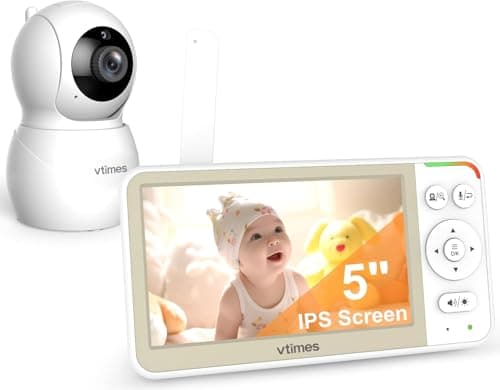 Moniteur bébé VTimes sans WiFi, écran 5 pouces avec batterie 32 heures, caméra vidéo pour bébé, mode panoramique, inclinaison et zoom, mode VOX intelligent, conversation bidirectionnelle, vision nocturne...
