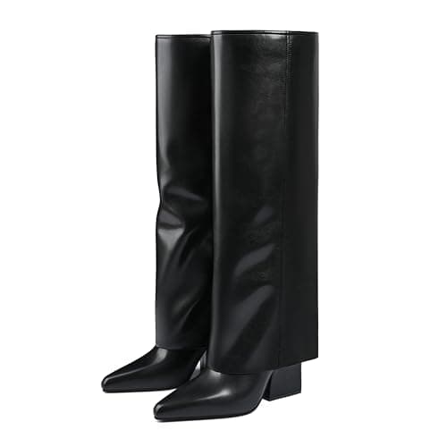 Bottes hautes pour femmes, bottes hautes repliables à bout pointu, talon bas, bottes longues avec fermeture éclair latérale - Noir 7