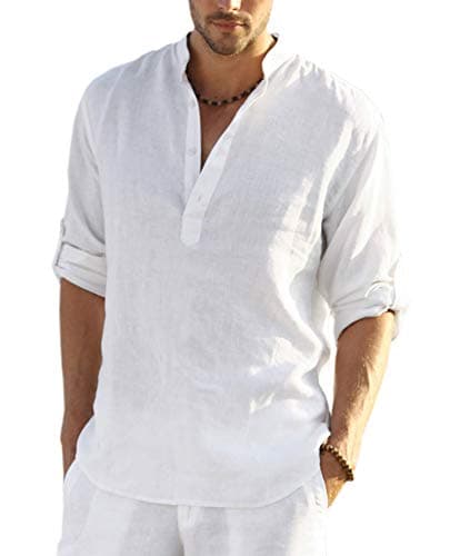 COOFANDY Chemise Henley décontractée à manches longues en coton et lin pour homme - T-shirt de plage léger à boutons