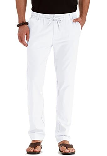 Sailwind Pantalon ample décontracté avec cordon de serrage pour homme - Pantalon de plage en lin avec ceinture élastique - Blanc pur - US 34