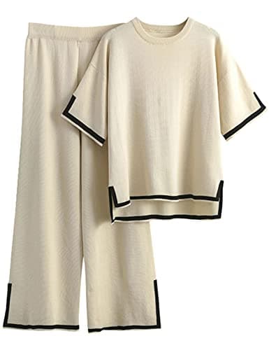 Tanming Ensemble pull 2 ​​pièces pour femme - Manches courtes - Haut en tricot - Pantalon à jambes larges (abricot-S)