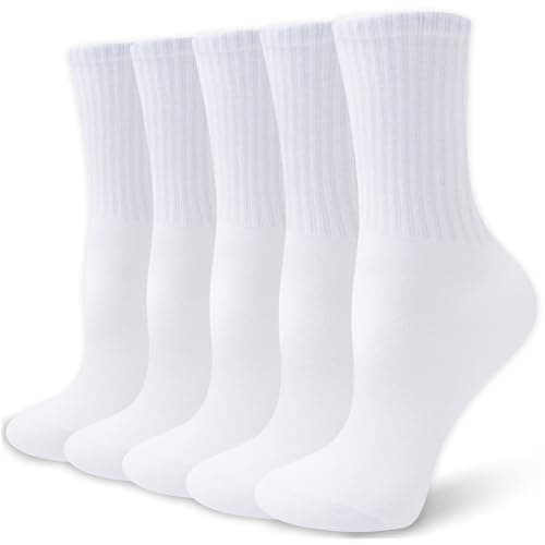 VoJoPi Womens Crew Socks Cotton, 5 Pairs Soft and Moisture Wicking Calf Socks for Work and Casual Sport Wear, Size 5-10, White