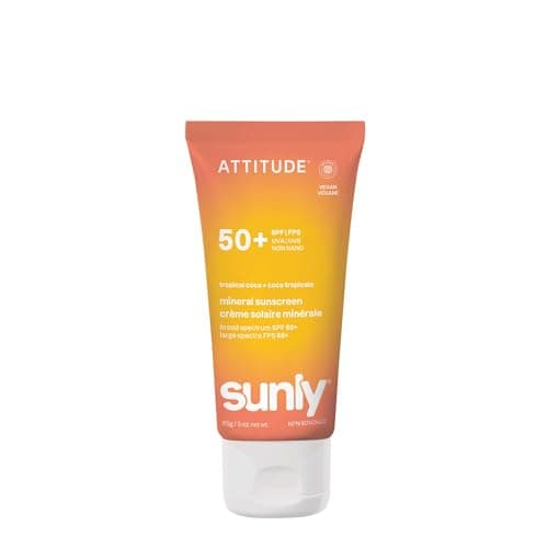 Écran solaire minéral ATTITUDE SPF 50, oxyde de zinc à large spectre, vérifié EWG, à base de minéraux, non nano, crème légère, végétalienne, parfum tropical de coco,...