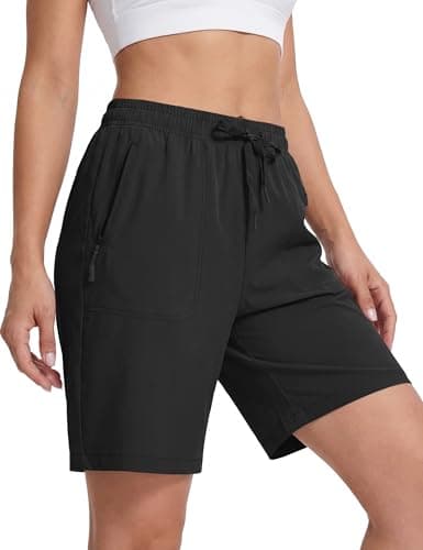 MAGCOMSEN Short de randonnée noir pour femme, séchage rapide, léger, athlétique, short de golf d'été de 8 pouces, résistant à l'eau, 3 poches zippées, L