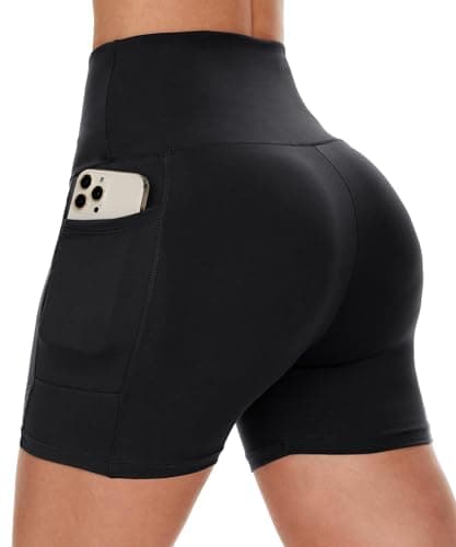CAMPSNAIL 5" Biker Shorts Women with Pockets - High Waisted Tummy Control Workout Spandex Shorts for Gym Athletic Yoga Black