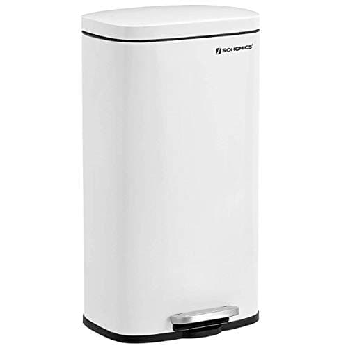 SONGMICS Trash Can with Lid, 8 Gallon Garbage Can, Stainless Steel Small Waste Bin with Step Pedal and Inner Bucket, Soft Close, Kitchen, White...