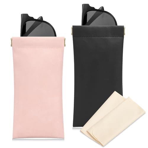 Sightor Sunglass Case, 2 Pcs Soft Eyeglass Cases for Women Portable Squeeze Top Leather Glasses Pouch, Black, Rose, One Size