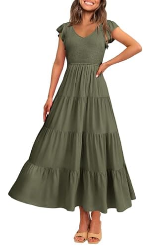 PRETTYGARDEN Women's Summer Flowy Maxi Dress Casual Cap Sleeve V Neck Smocked Beach Sundress (Solid Army Green,Large)
