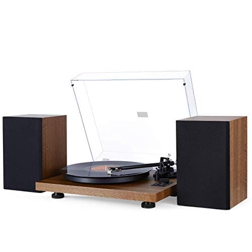 1 BY ONE Tourne-disque sans fil avec haut-parleurs d'étagère de 36 W, contrepoids réglable et cartouche magnétique (bois naturel)
