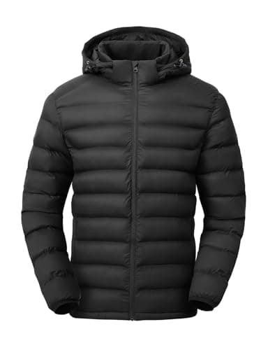 TBMPOY Doudoune légère pour homme avec capuche amovible, manteau d'hiver résistant à l'eau, isolé pour voyage, ski, noir, L