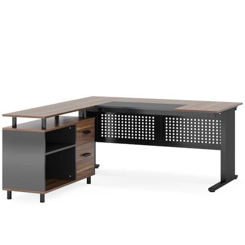 LITTLE TREE Large Computer Desk with File Cabinet, 63 Inch L Shaped Executive Office Desk with Drawers and Storage Shelves, Business Furniture...