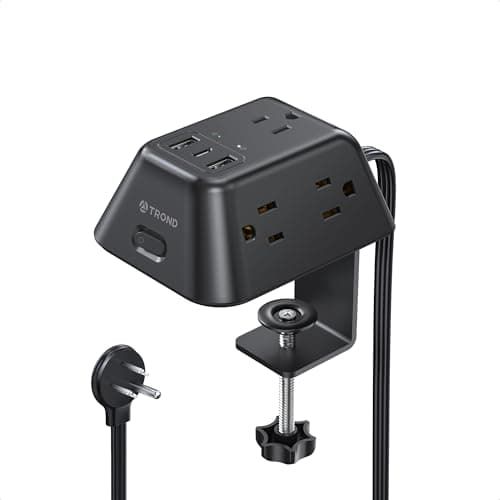 TROND Desk Clamp Power Bar Surge Protector with 3 USB Ports, Power Strip Charging Station with 5 Outlets, 6ft Slim Flat Plug Extension Cord Indoor,...