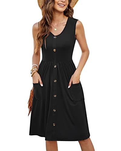 MOLERANI Women Summer Dresses Sleeveless Casual Loose Swing Button Down Dress with Pockets,Black,L