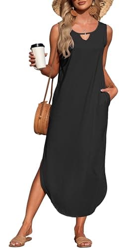 MISFAY Robe Maxi d'été pour Femmes sans Manches décontractées Longues Robes de Plage fendues avec Poches,Noir,2XL