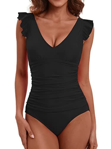 LAPHEE ROSE Maillot de Bain Une Pièce pour Femme Maillot de Bain Gainant Ventre Maillot de Bain Froncé-Noir-M