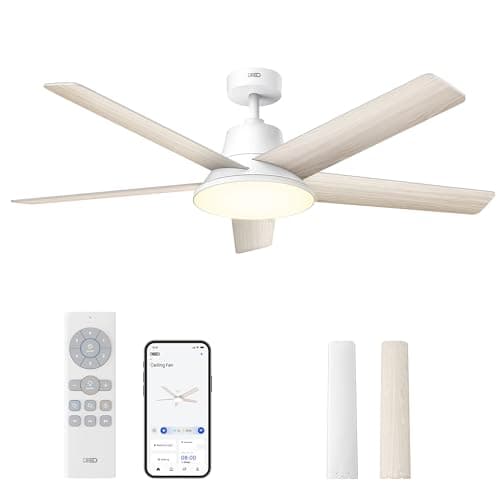 Ventilateur de plafond intelligent DREO avec lumières, 52 pouces, 12 vitesses et 3 modes de ventilateur, tons de couleur en continu, lumière LED à intensité variable, minuterie 12 heures, moteur à courant continu silencieux,...