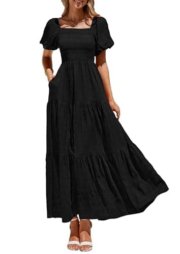 PRETTYGARDEN Womens Summer Puff Short Sleeve Maxi Dress Square Neck Smocked Tiered Ruffle A Line Long Flowy Beach Dresses (Black,X-Large)
