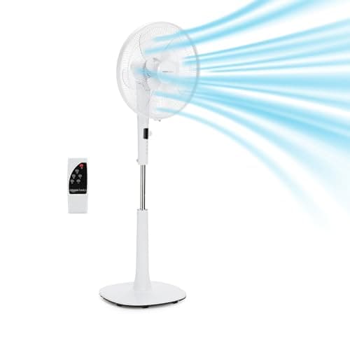 Amazon Basics Ventilateur à moteur CC de 41 cm, ventilateur 12 vitesses avec télécommande, ventilateur de sol, ventilateur sur pied avec 3 modes Breeze, pales double couche (10 pales), minuterie,...