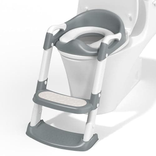 COOSEYA Potty Training Toddler Toilet Seat,Kids Toilet Seat and Steps,Foldable Anti-Slip Potty Chair Splash Guard Soft Cushion Safety Handles,Grey