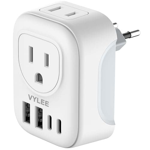 Adaptateur de prise de voyage VYLEE, adaptateur de prise international avec 4 prises secteur, 2 ports USB (2 ports USB C), chargeur adaptateur secteur de type C pour les États-Unis vers la plupart...