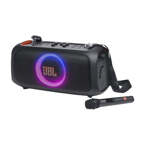 JBL PartyBox On-The-Go Essential - Haut-parleur de fête portable avec lumières intégrées et micro sans fil, son JBL Pro incroyable, protection contre les éclaboussures IPX4...