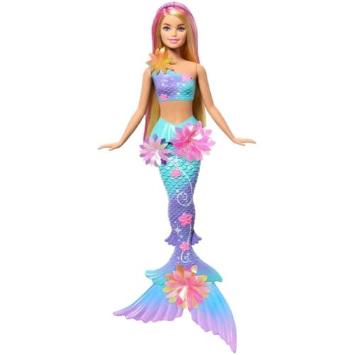 Poupées Barbie Sirène avec fleurs magiques surprises, queues ombrées, bandeau en perles et longs cheveux blonds avec reflets roses
