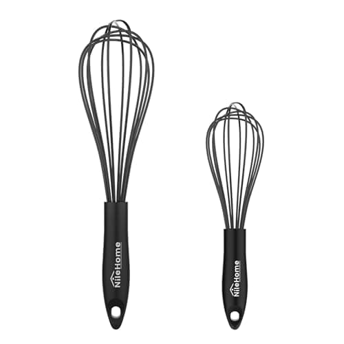 NileHome Ensemble de fouets en silicone 10" 12" Fouet de cuisine Fouet de cuisine Fouets métalliques pour cuisiner, fouetter, mélanger, battre, remuer - Noir