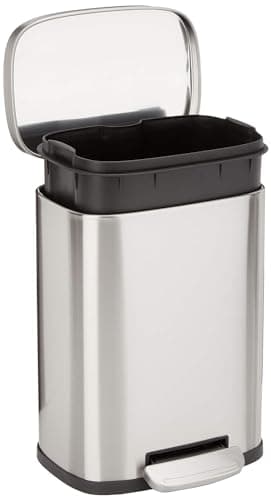 Amazon Basics Smudge Resistant Mini Rectangular Trash Can with Soft-Close Foot Pedal, Brushed Stainless Steel, for Bathroom & Small Space, 5L /1.32...