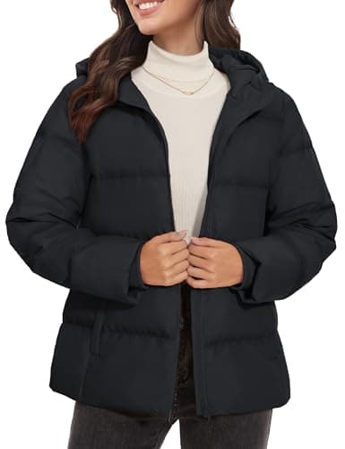 MAGCOMSEN Doudoune matelassée légère à capuche pour femme, manteau zippé, vêtements d'extérieur chauds d'hiver avec poches, noir, L