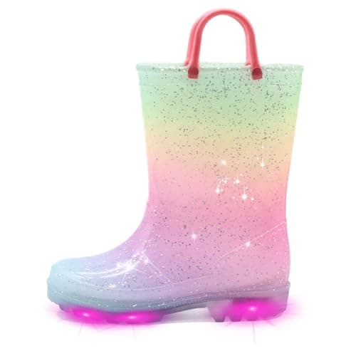 EUXTERPA Bottes de pluie lumineuses pour enfants avec motifs imperméables et paillettes avec poignées faciles à enfiler, dégradé rose, taille 13