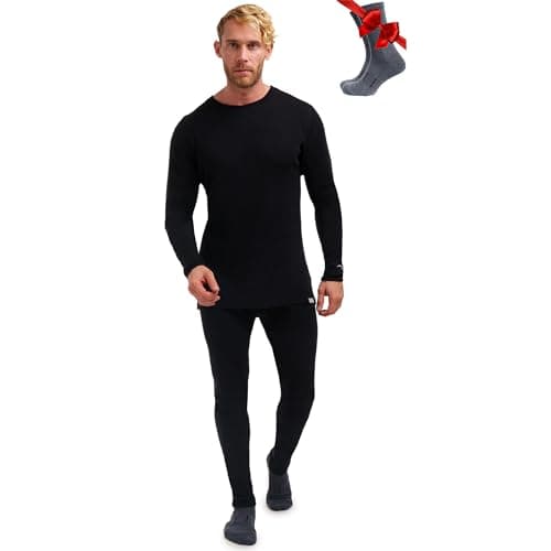 Merino Wool Mens Baselayer Set - Lite, Midweight, Heavyweight - Thermal Underwear for Men Top and Bottoms with Socks (Large, 250 Black)
