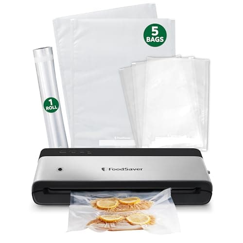 FoodSaver PowerVac Machine à sceller sous vide compacte avec stockage vertical, 5 sacs sous vide et 1 rouleau, acier inoxydable - VS0150