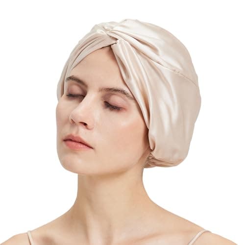 LumeSilk Bonnet en Soie de Mûrier, Bonnet à Cheveux Double Couche pour Femmes Endormies, Turban en Soie Pure, Bonnet de Sommeil de Nuit (Champagne)