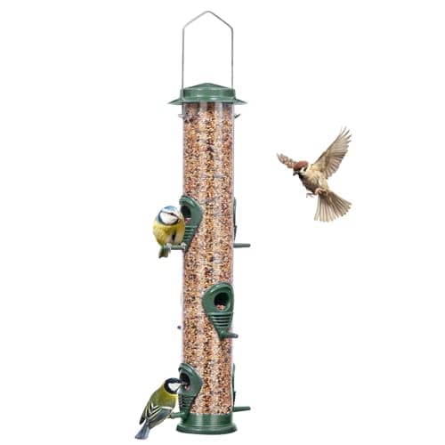 ERYTLLY Metal Bird Feeders 6 Port Tube Bird Feeder for Wild Birds, 1.4mm Extra Thick Solid Tube Transparent with Steel Hanger Bird Feeders Squirrel...
